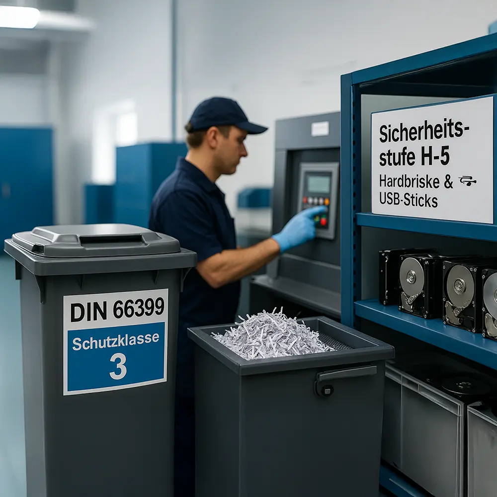 Din 66399 Schutzklasse 3 Behälter für Datenvernichtung mit Mann im Hintergrund der eine Maschine bedient