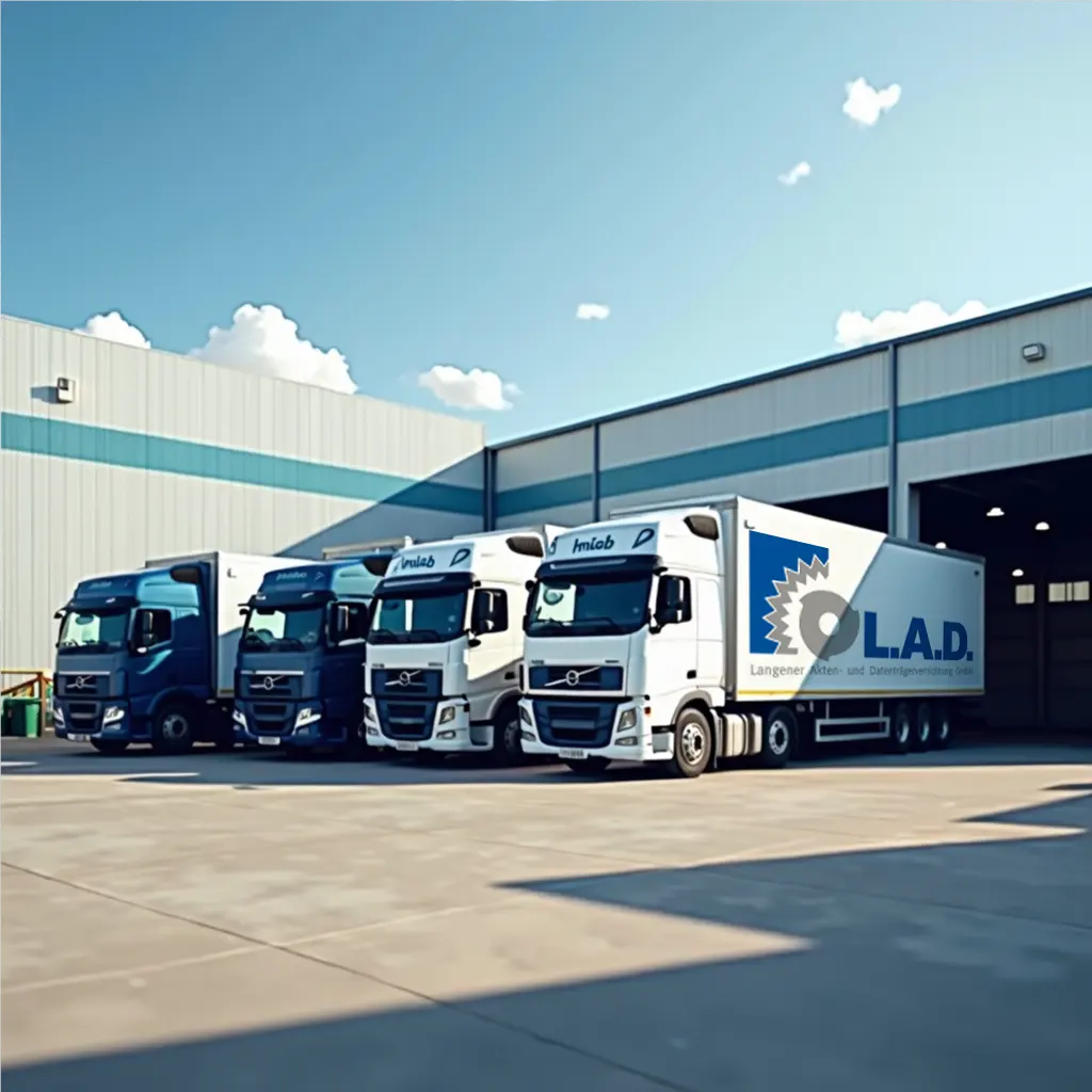 4 LKWS mit L.A.D GmbH Logo darauf parken vor einer Halle